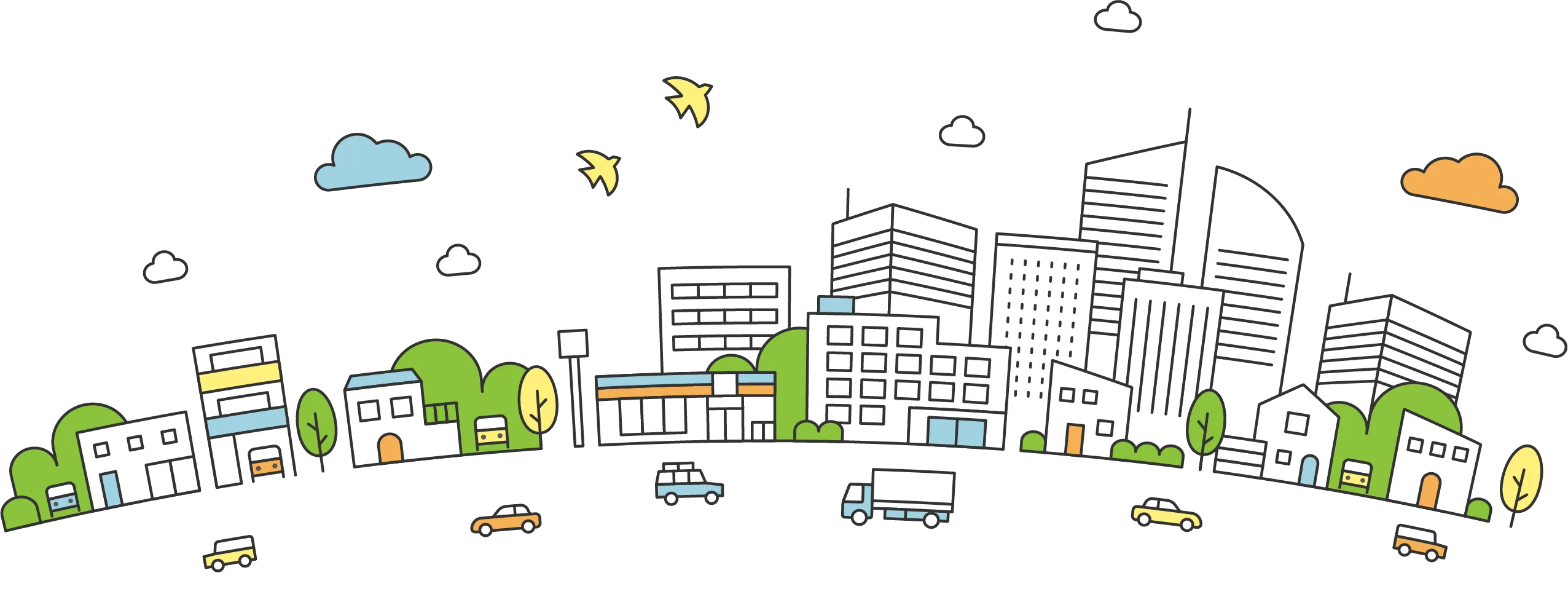 イラストで描かれた都市の風景。ビルや住宅、商業施設が立ち並び、空には雲や鳥が飛び、道路には車やトラックが走っている様子。