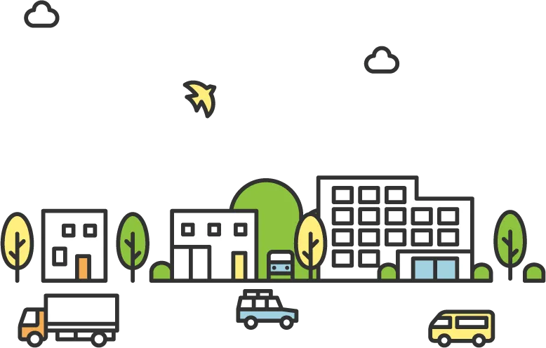 建物や木々、車が並ぶ街並みのイラスト