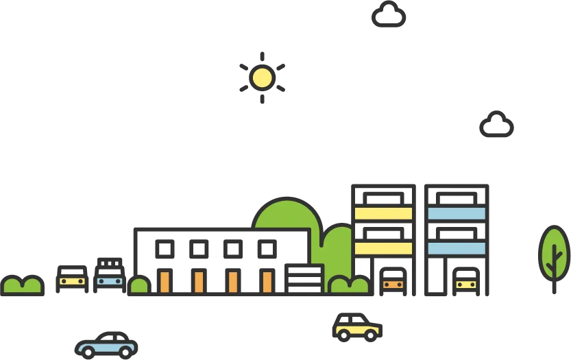 建物や木々、車が並ぶ街並みのイラスト